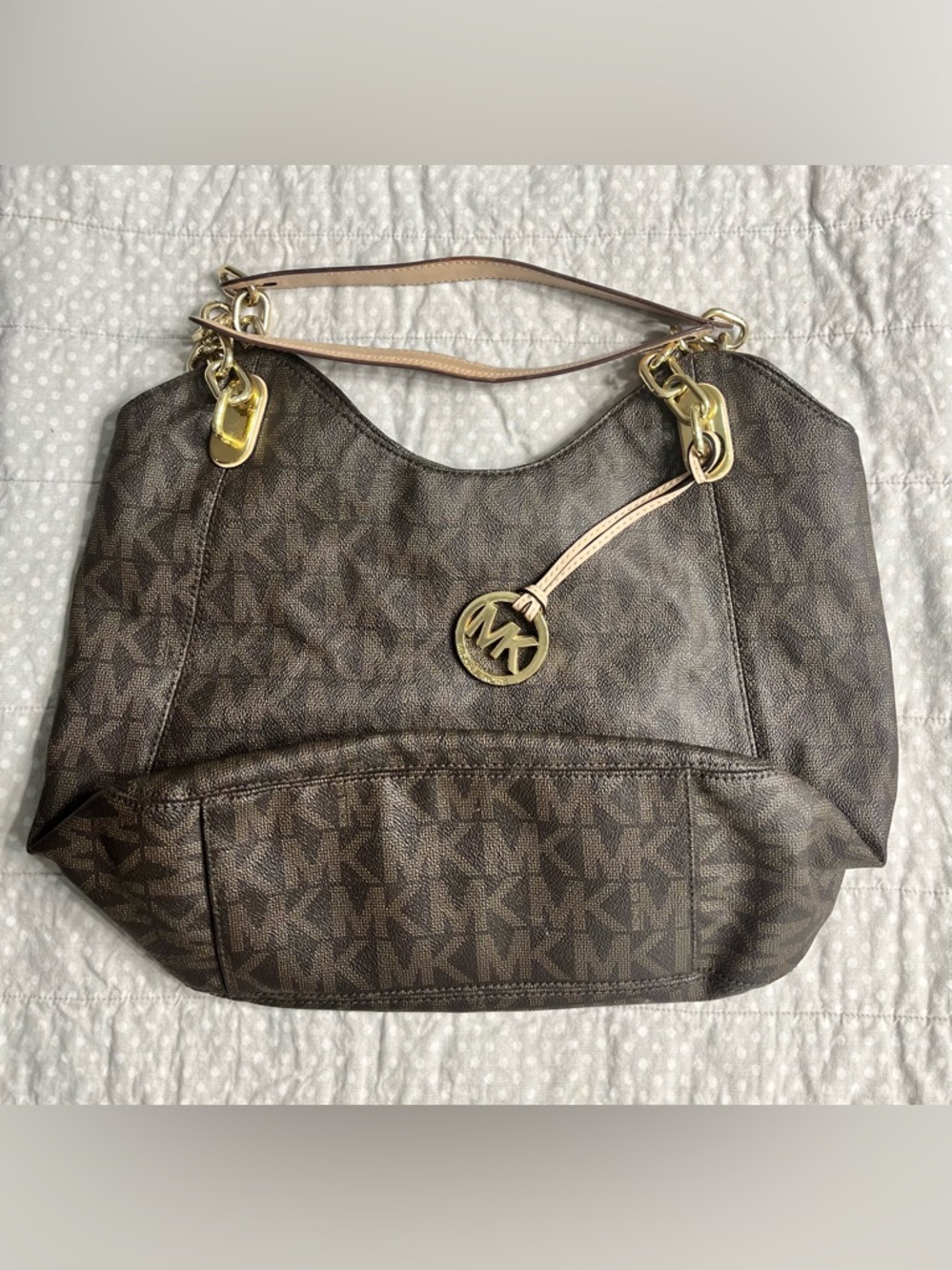 Michael Kors Lilly Chain Tote Brown MK Monogram Gold Hardware